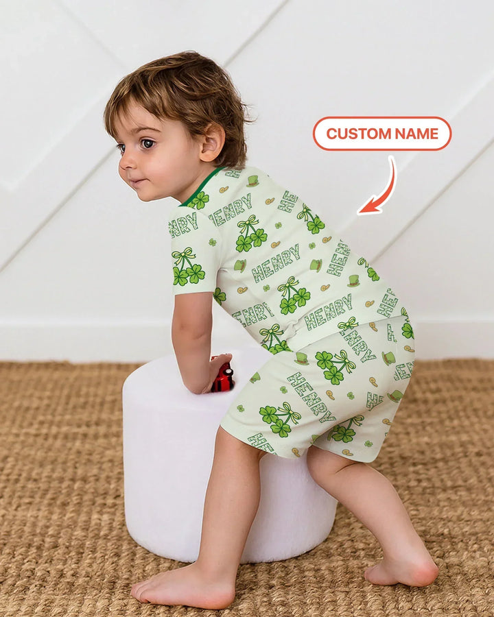 Custom Name Lucky Little Shamrock Bamboo Two Piece Short Sleeve Shorts Pajama Set