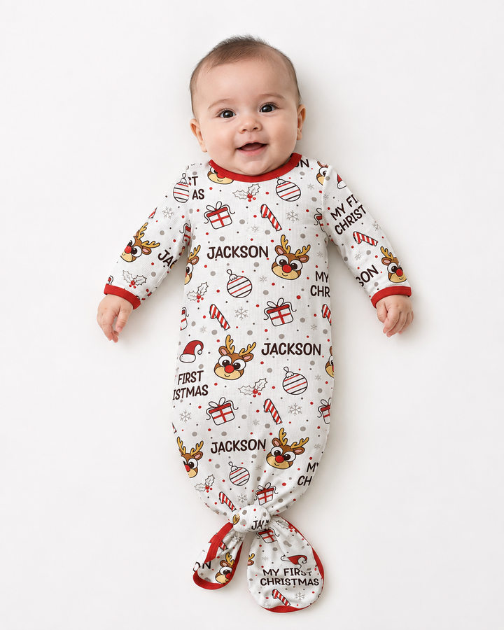 Custom Name Reindeer Doodle My First Christmas Bamboo Knot Gown