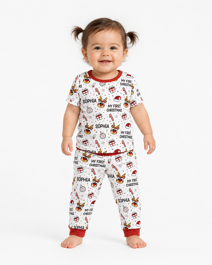 Custom Name Reindeer Doodle My First Christmas Bamboo Two Piece Short Sleeve Pajama Set