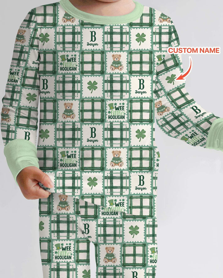 Custom Name Teddy Bear Gingham St. Patrick's Day Bamboo Two Piece Long Sleeve Pajama Set