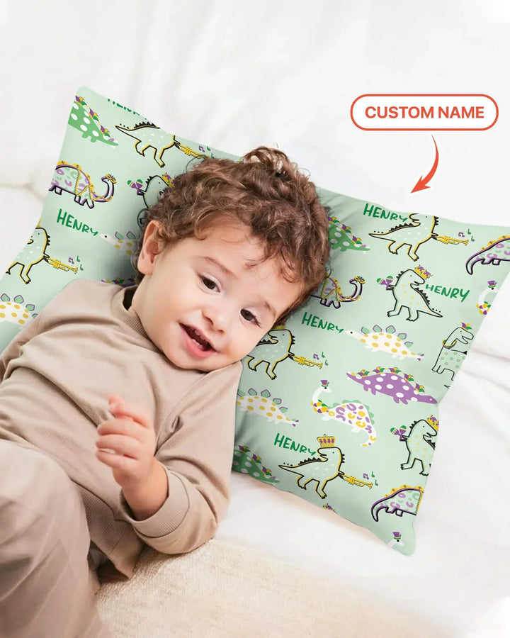 Custom Name Mardi Gras Saurus Bamboo Pillow Case