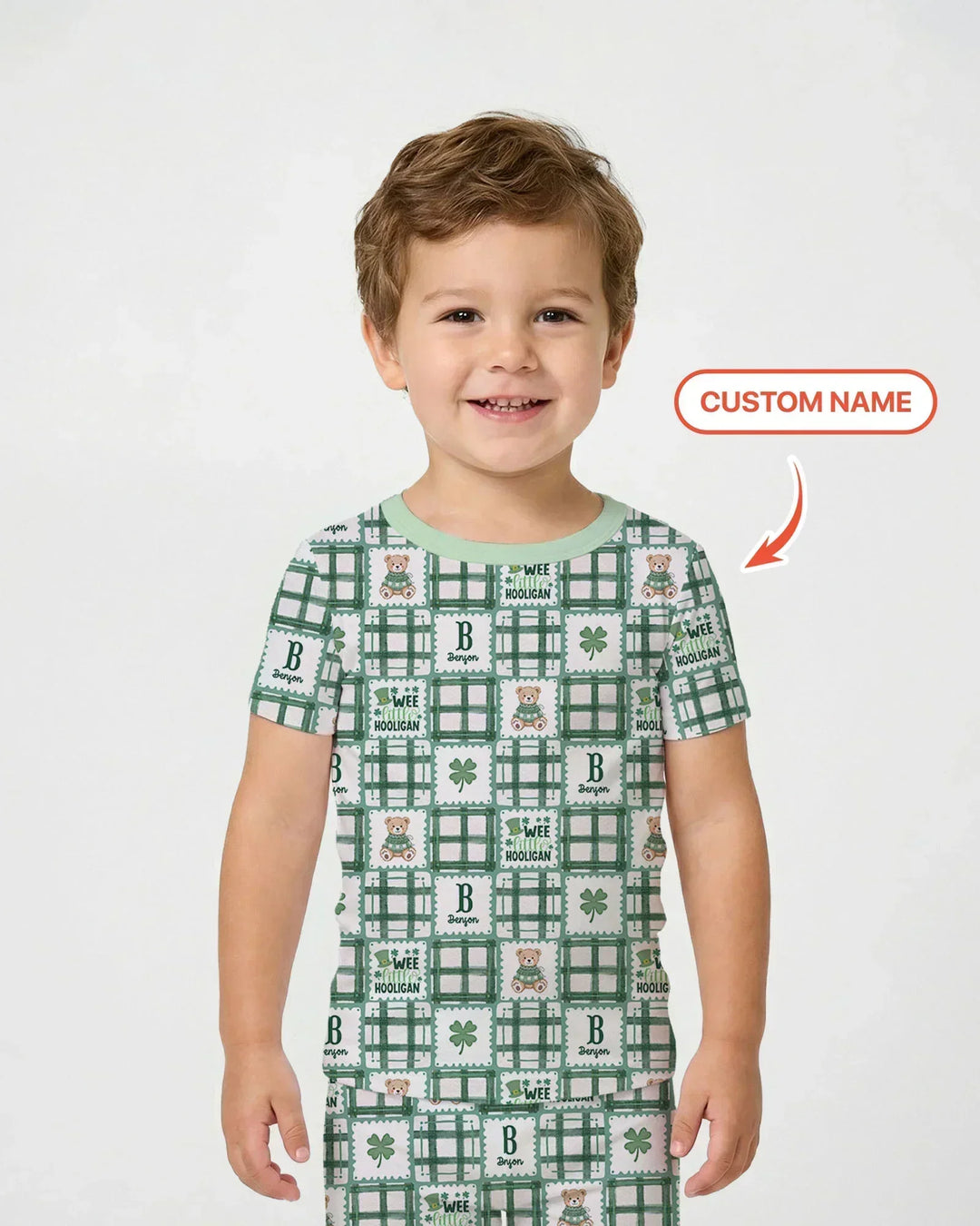 Custom Name Teddy Bear Gingham St. Patrick's Day Bamboo Two Piece Short Sleeve Pajama Set