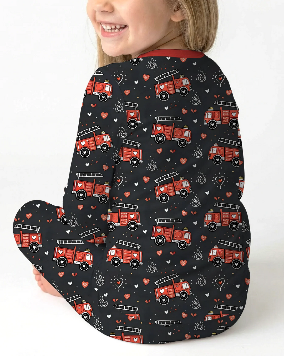 Valentine Fire Trucks Bamboo Two Piece Long Sleeve Pajama Set