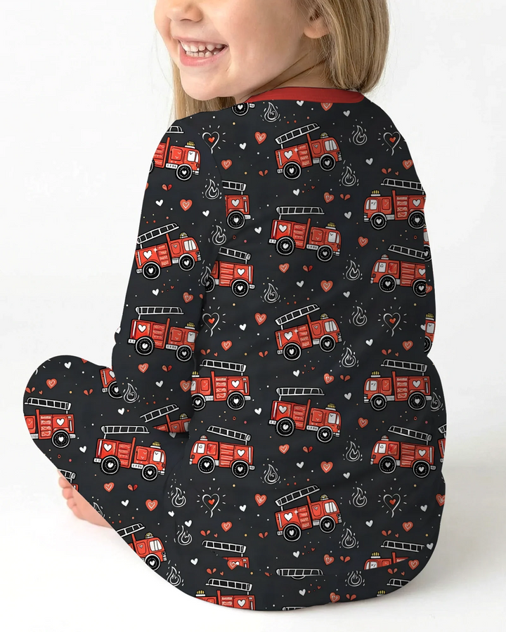 Valentine Fire Trucks Bamboo Two Piece Long Sleeve Pajama Set