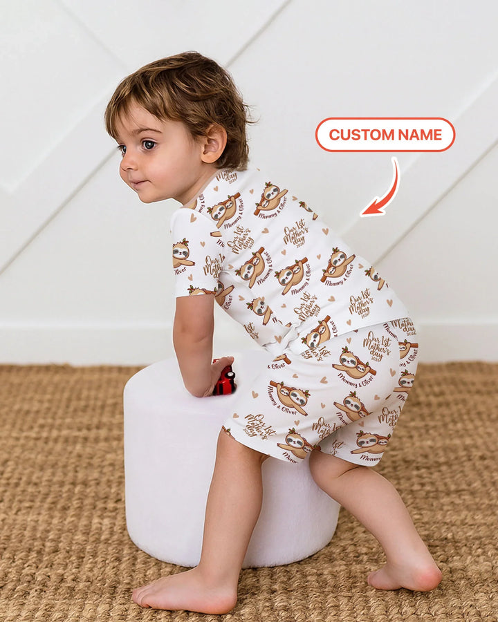 Custom Name Mama & Baby Sloth – Our First Mother’s Day 2026 Bamboo Two Piece Short Sleeve Shorts Pajama Set