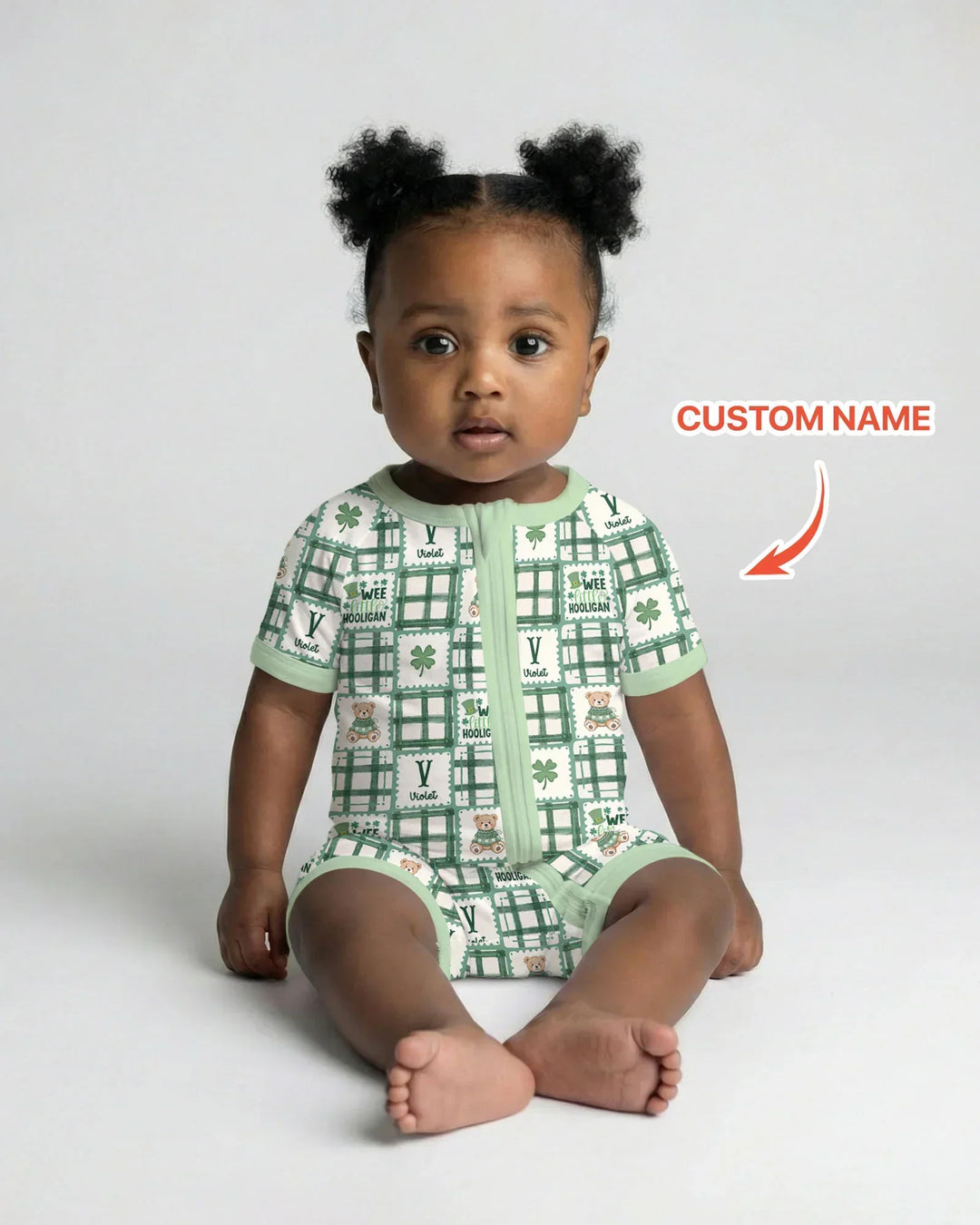 Custom Name Teddy Bear Gingham St. Patrick's Day Bamboo Shorty Zippy