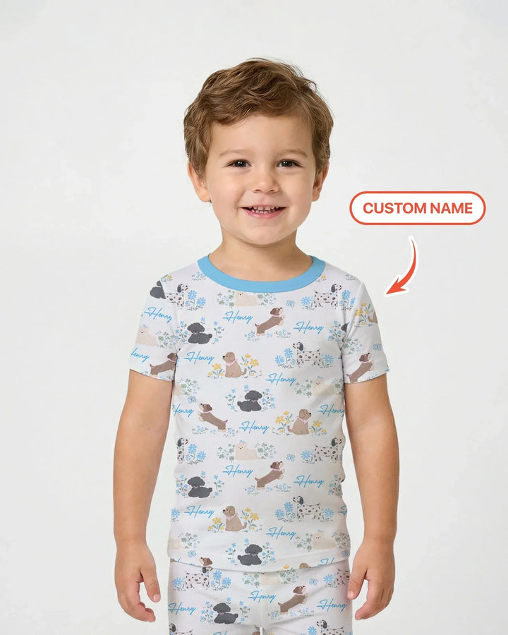 Custom Name Flower Dogs Bamboo Two Piece Short Sleeve Pajama Set