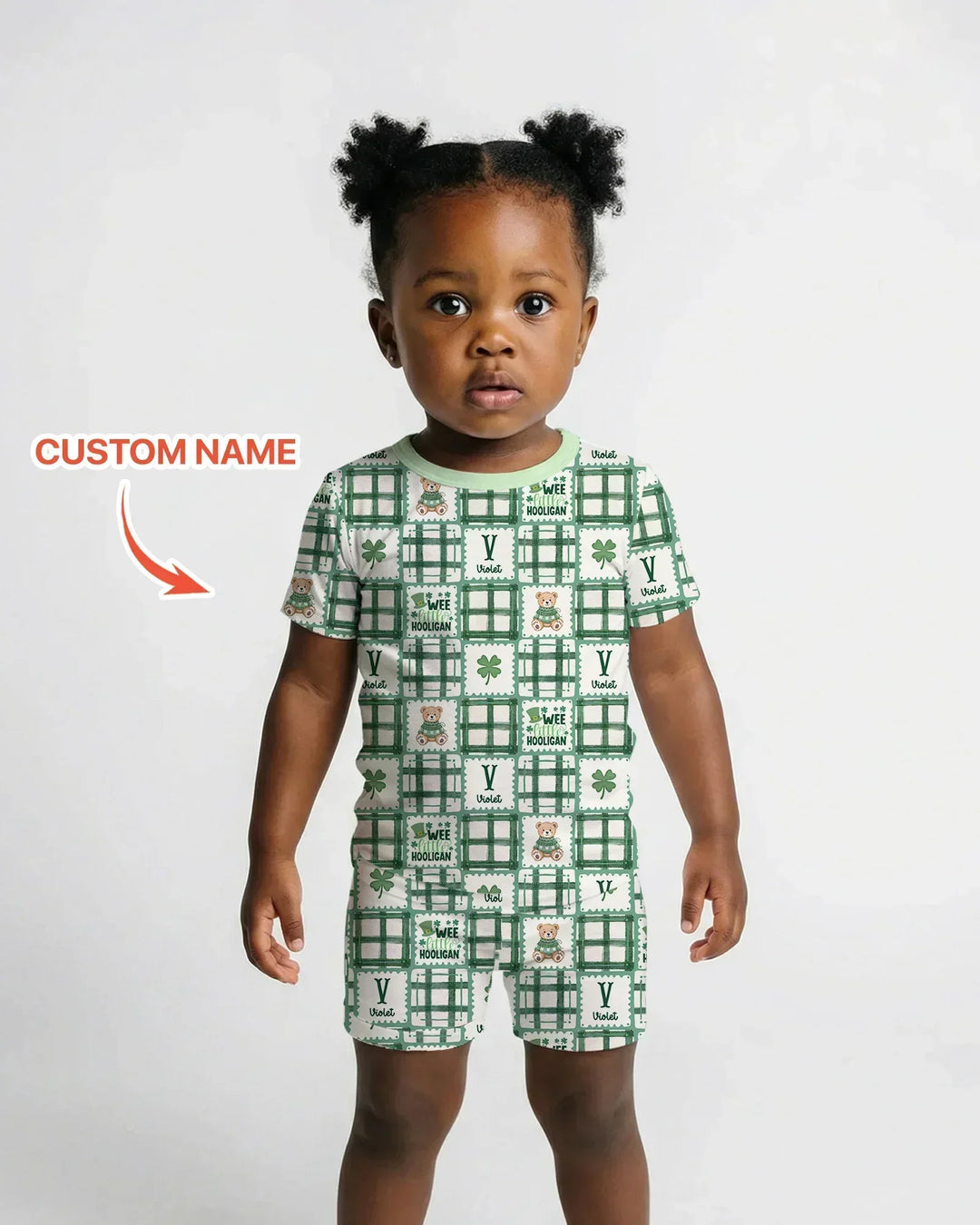 Custom Name Teddy Bear Gingham St. Patrick's Day Bamboo Two Piece Short Sleeve Shorts Pajama Set