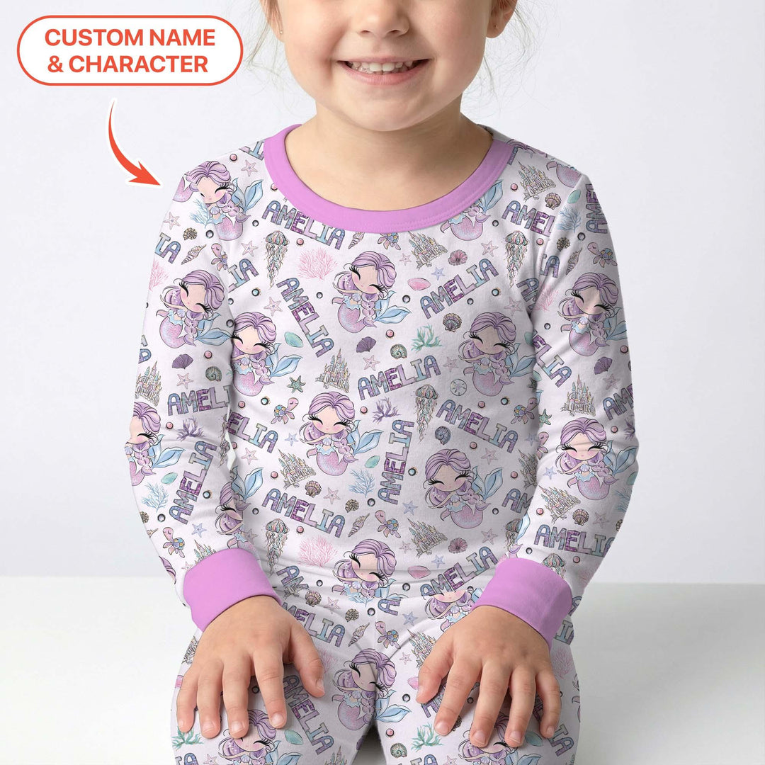 Custom Name Doodle Little Mermaid Bamboo Two Piece Long Sleeve Pajama Set
