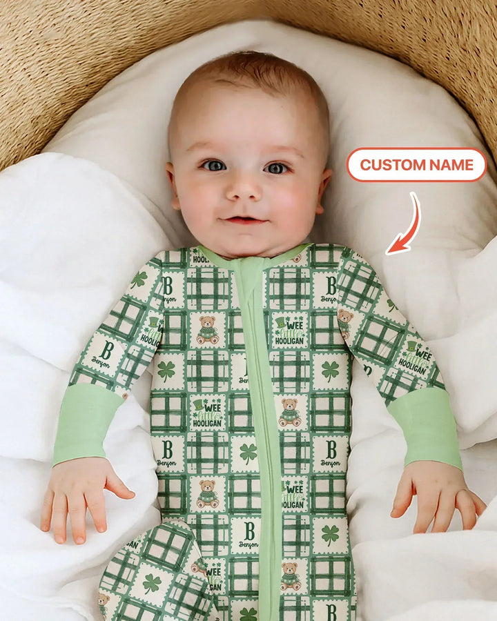 Custom Name Teddy Bear Gingham St. Patrick's Day Bamboo Convertible Zippy