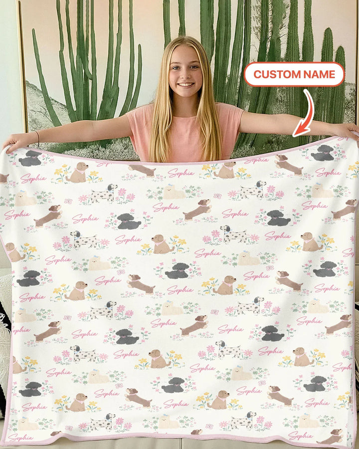 Custom Name Flower Dogs Bamboo Blanket
