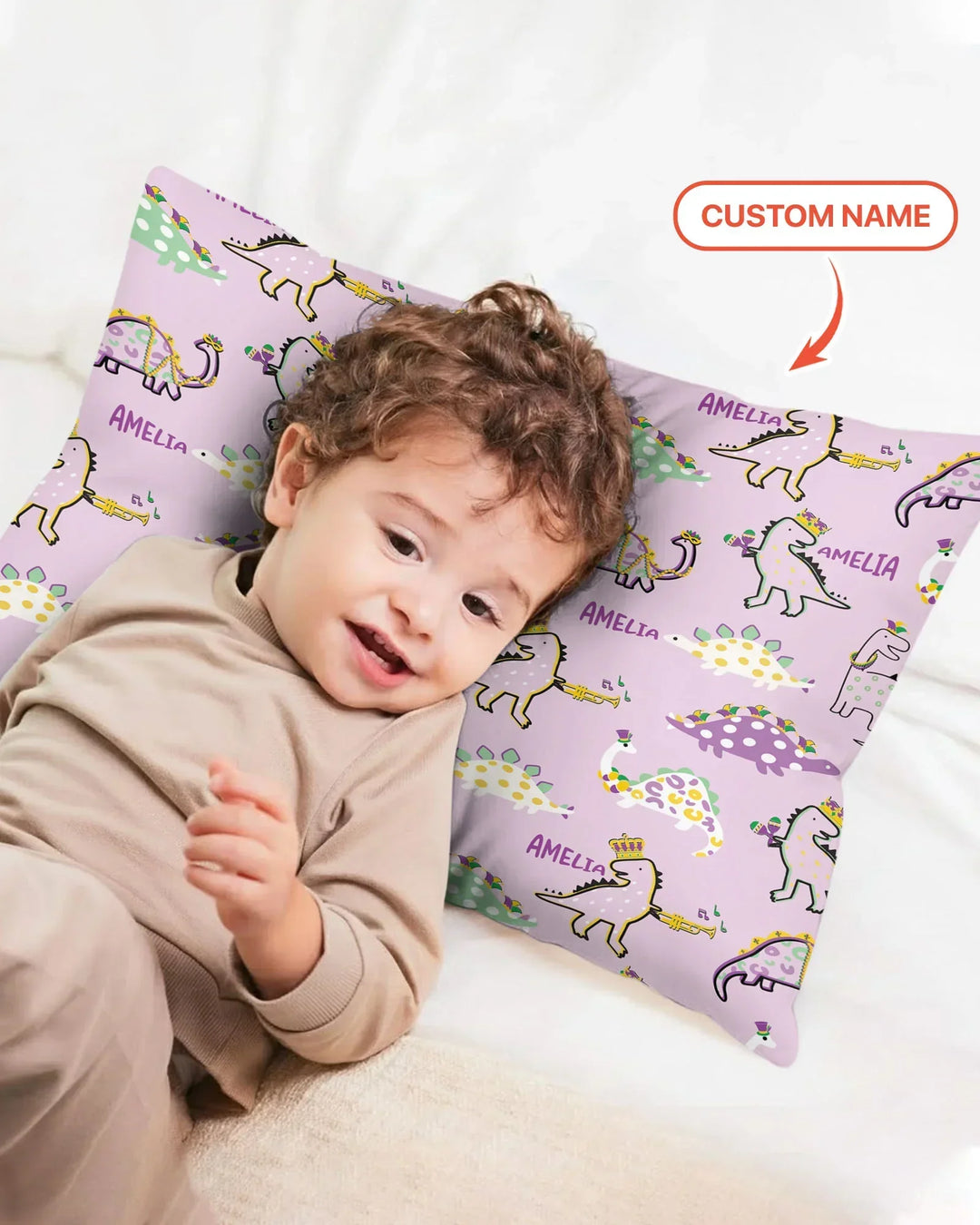 Custom Name Mardi Gras Saurus Bamboo Pillow Case