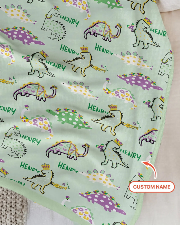 Custom Name Mardi Gras Saurus Bamboo Blanket