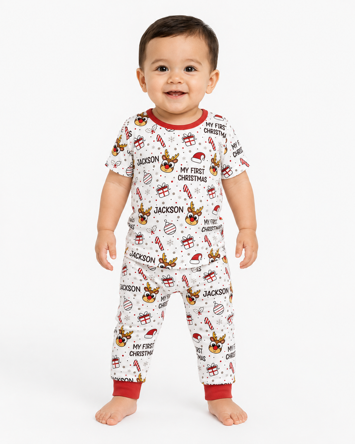 Custom Name Reindeer Doodle My First Christmas Bamboo Two Piece Short Sleeve Pajama Set