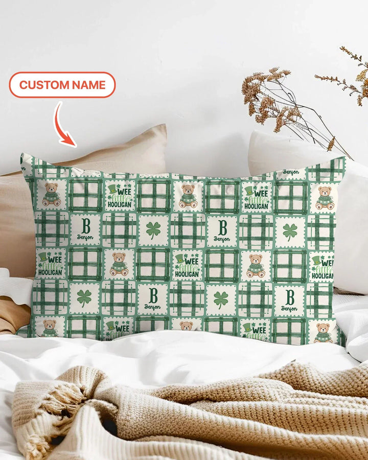 Custom Name Teddy Bear Gingham St. Patrick's Day Bamboo Pillow Case