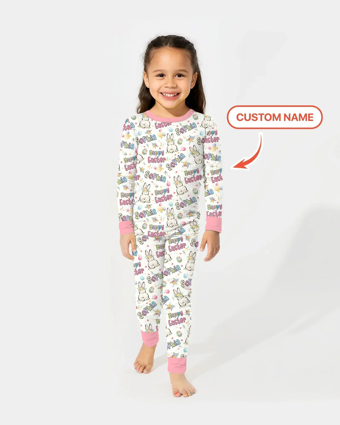 Personalized Happy Easter Bunny Bamboo Two Piece Long Sleeve Pajama Set
