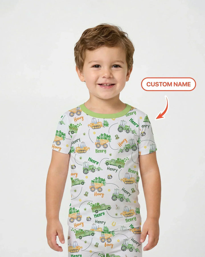 Construction St. Patrick's Day Custom Name Bamboo Two Piece Short Sleeve Pajama Set