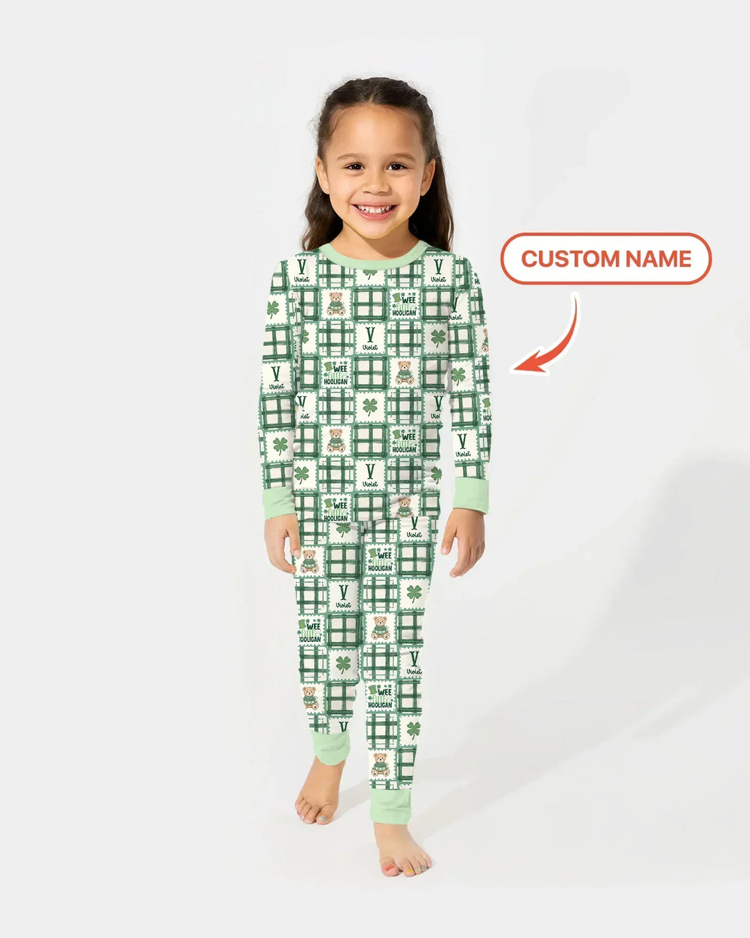 Custom Name Teddy Bear Gingham St. Patrick's Day Bamboo Two Piece Long Sleeve Pajama Set