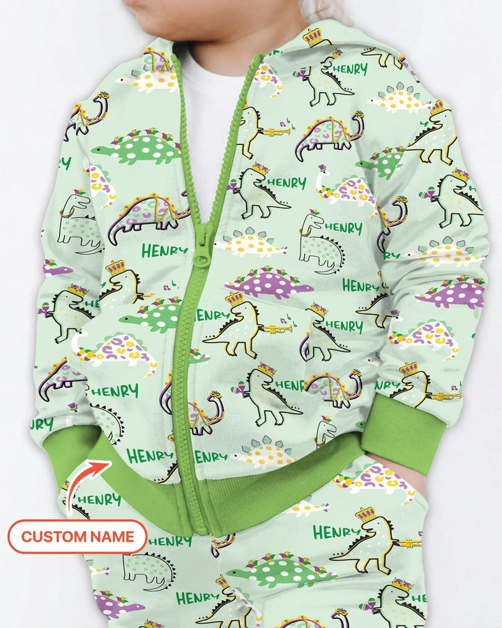 Custom Name Mardi Gras Saurus Bamboo Zip Hoodie