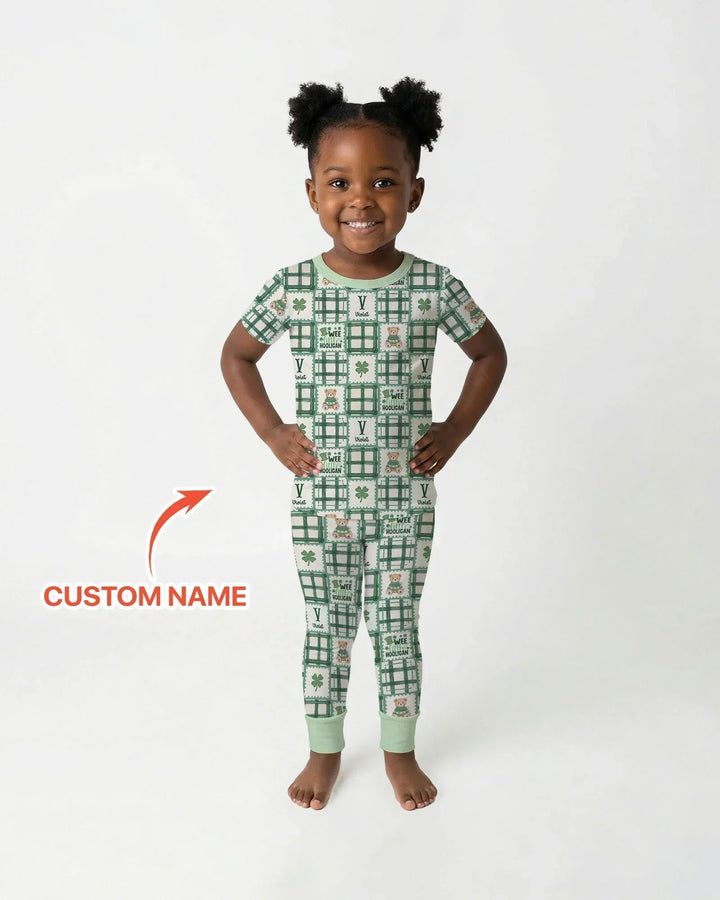 Custom Name Teddy Bear Gingham St. Patrick's Day Bamboo Two Piece Short Sleeve Pajama Set