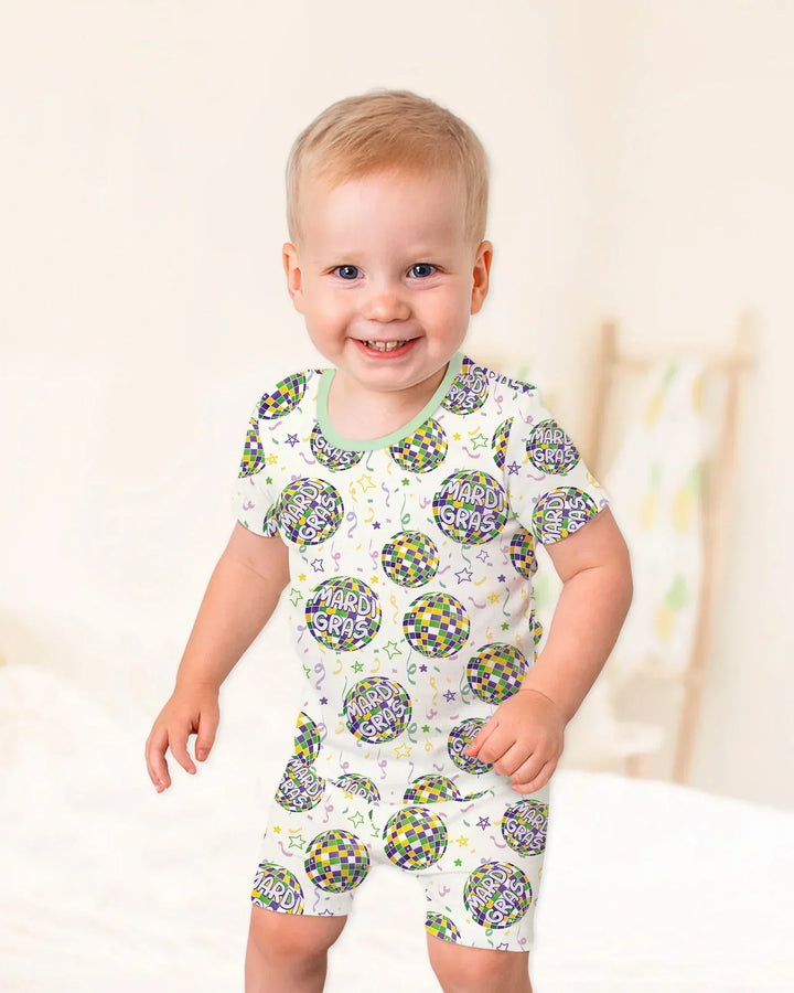 Mardi Gras Disco Ball Bamboo Two Piece Short Sleeve Shorts Pajama Set