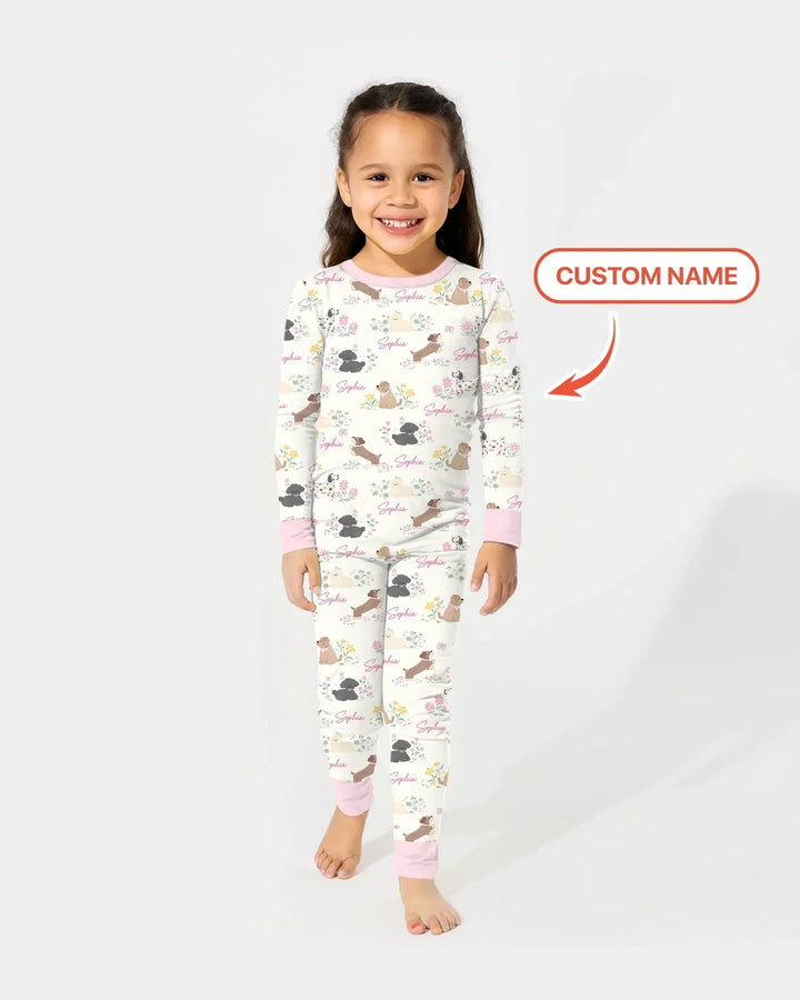 Custom Name Flower Dogs Bamboo Two Piece Long Sleeve Pajama Set
