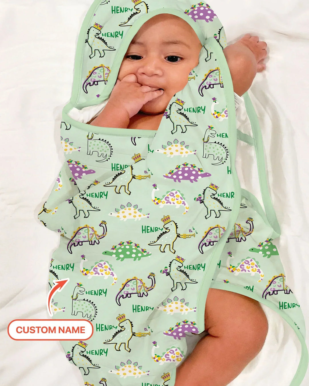 Custom Name Mardi Gras Saurus Hooded Bamboo Towel Set