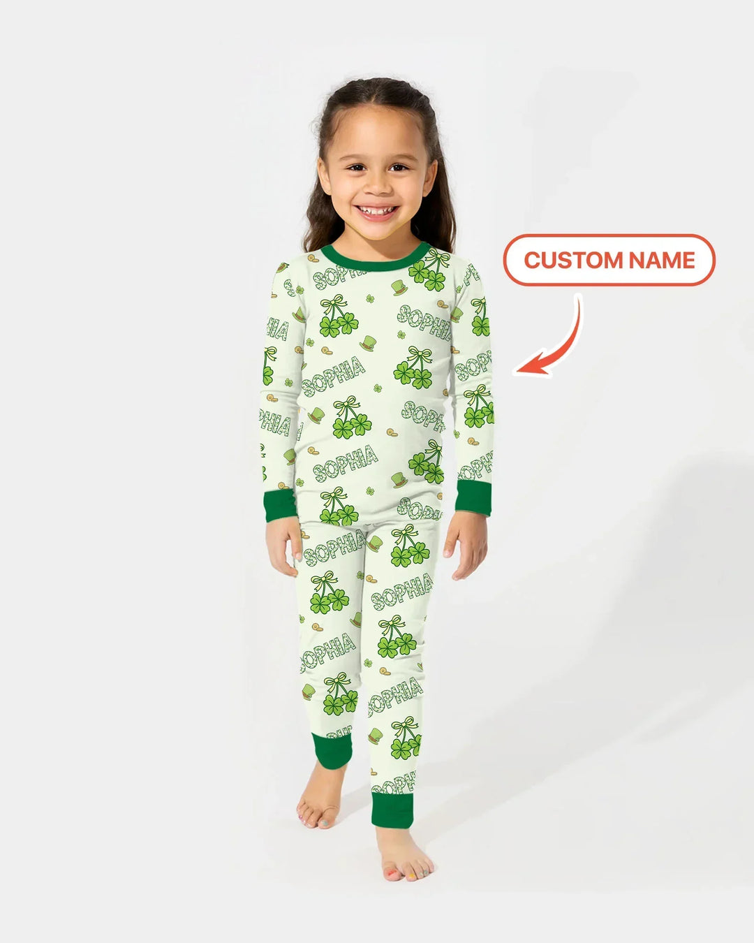 Custom Name Lucky Little Shamrock Bamboo Two Piece Long Sleeve Pajama Set