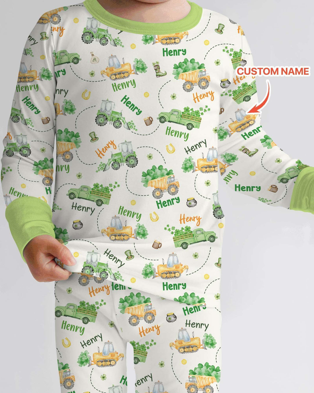 Construction St. Patrick's Day Custom Name Bamboo Two Piece Long Sleeve Pajama Set