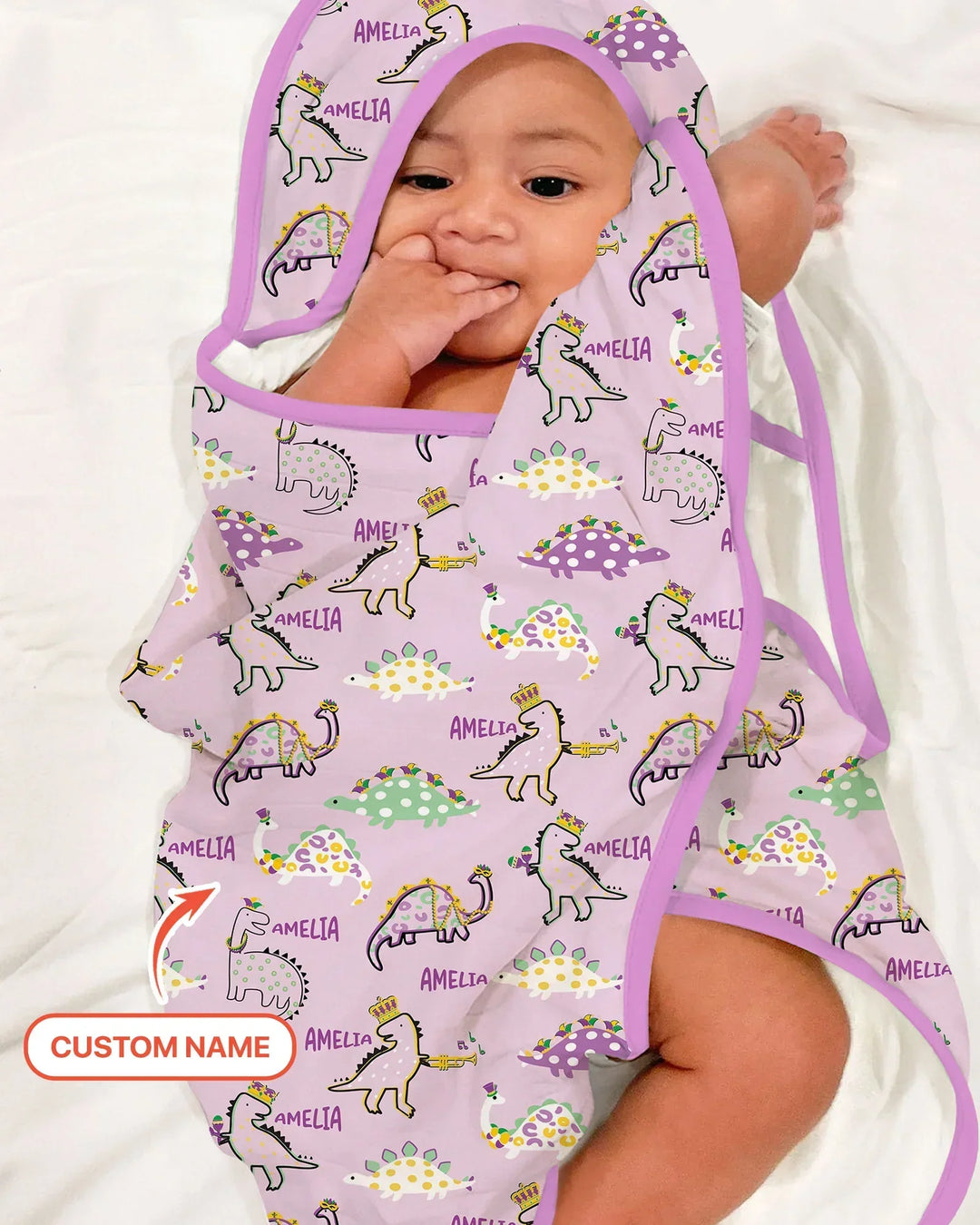 Custom Name Mardi Gras Saurus Hooded Bamboo Towel Set