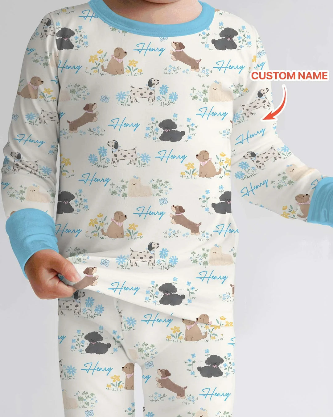 Custom Name Flower Dogs Bamboo Two Piece Long Sleeve Pajama Set