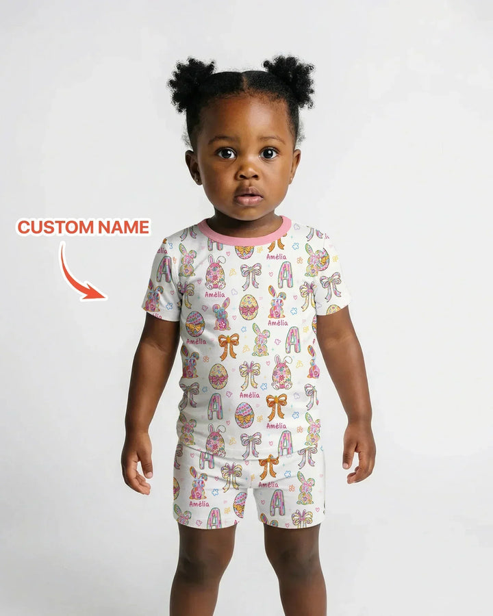 Happy Easter Custom Name Bamboo Two Piece Short Sleeve Shorts Pajama Set