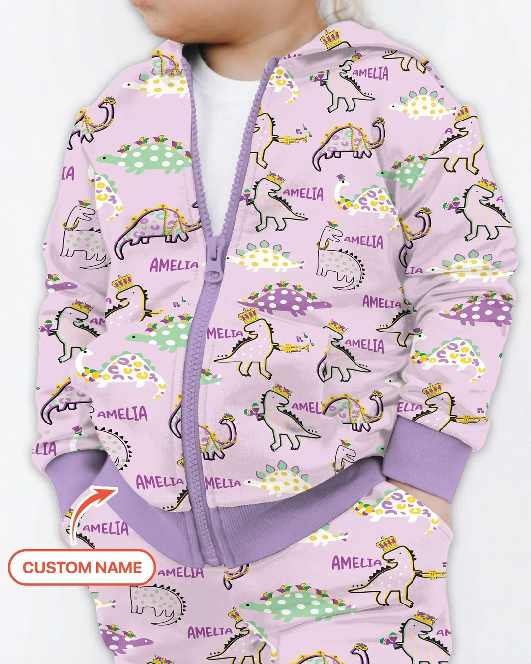 Custom Name Mardi Gras Saurus Bamboo Zip Hoodie