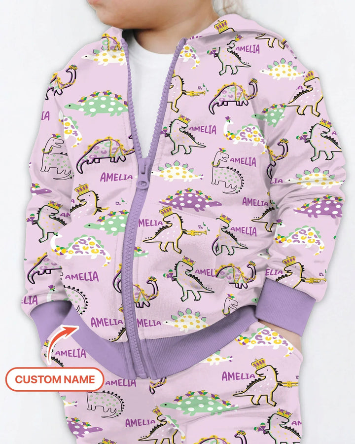 Custom Name Mardi Gras Saurus Bamboo Zip Hoodie