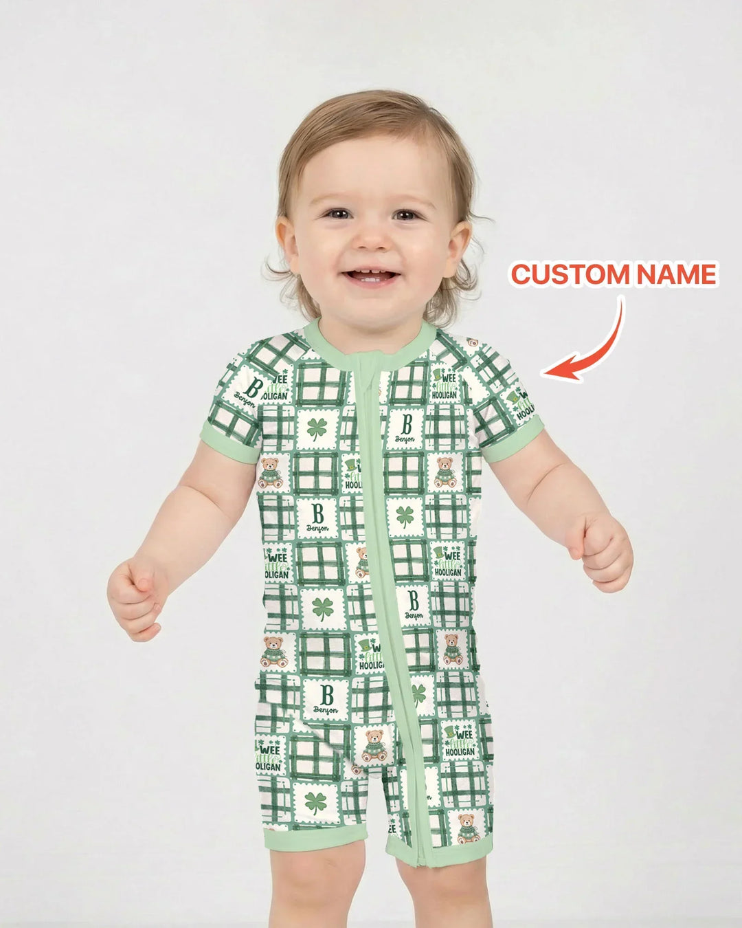 Custom Name Teddy Bear Gingham St. Patrick's Day Bamboo Shorty Zippy