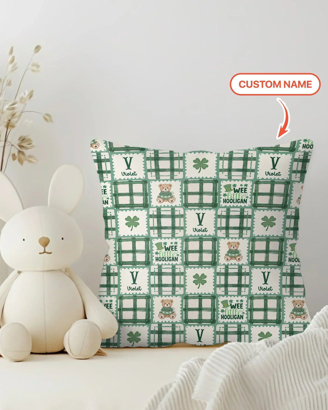 Custom Name Teddy Bear Gingham St. Patrick's Day Bamboo Pillow Case