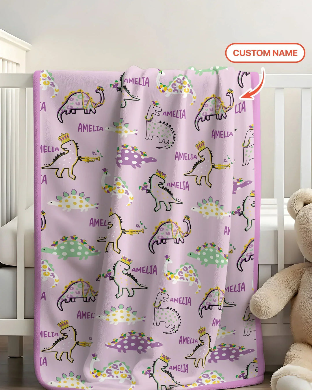 Custom Name Mardi Gras Saurus Bamboo Blanket