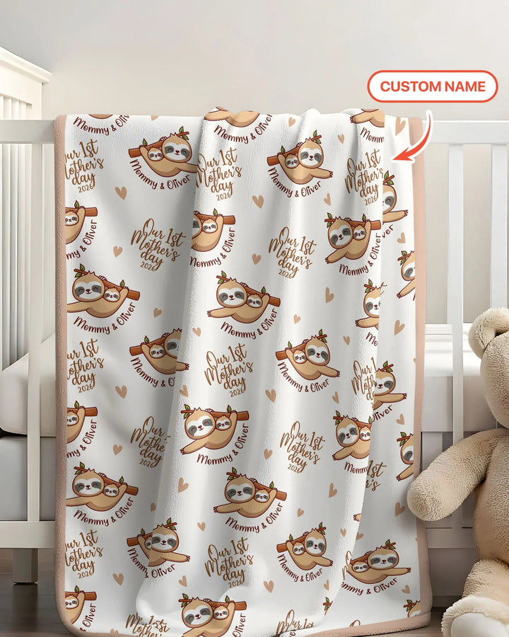 Custom Name Mama & Baby Sloth – Our First Mother’s Day 2026 Bamboo Blanket