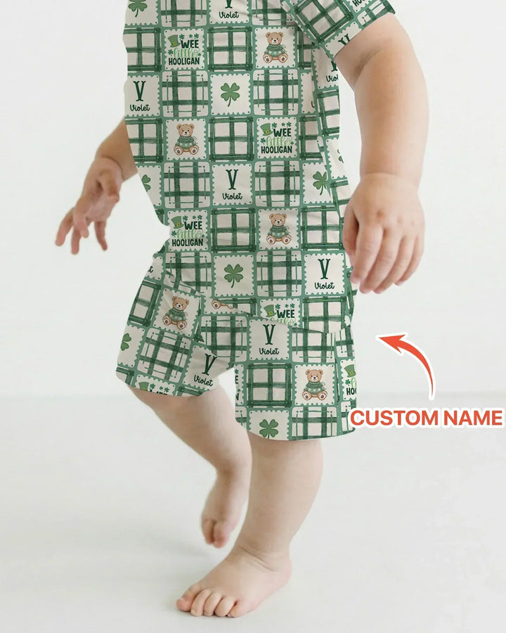Custom Name Teddy Bear Gingham St. Patrick's Day Bamboo Two Piece Short Sleeve Shorts Pajama Set