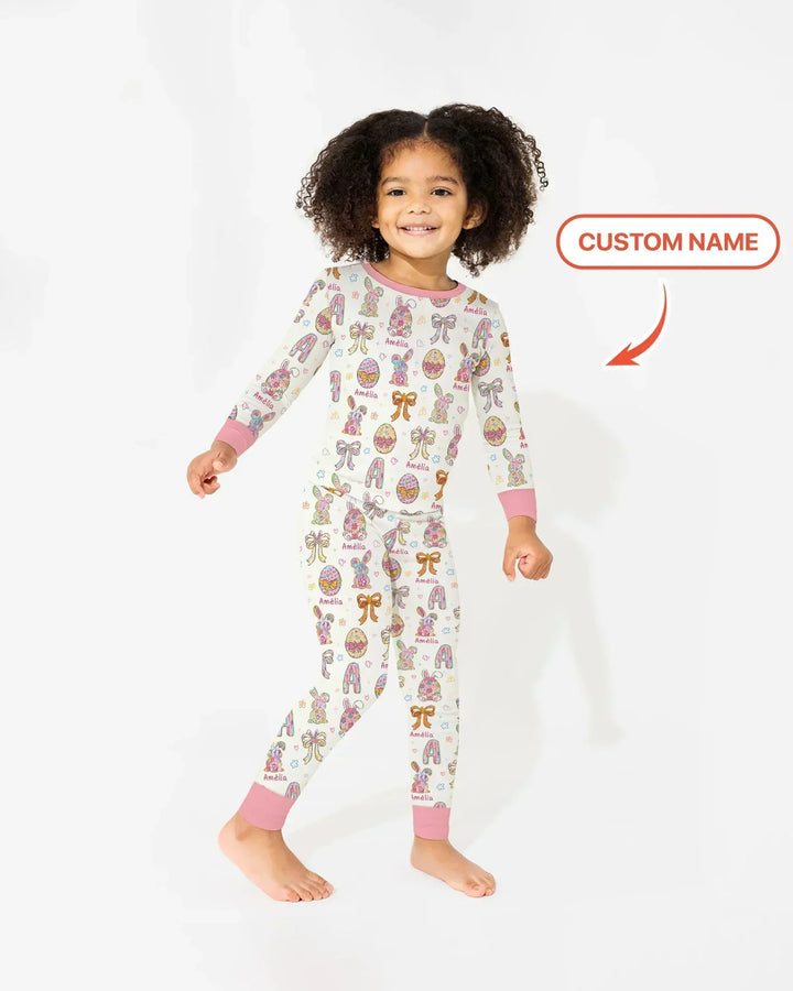 Happy Easter Custom Name Bamboo Two Piece Long Sleeve Pajama Set