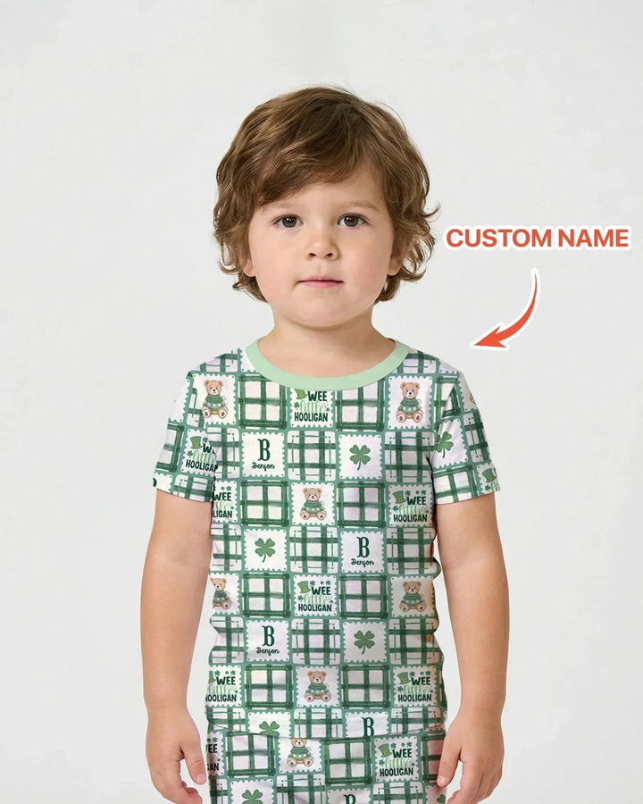 Custom Name Teddy Bear Gingham St. Patrick's Day Bamboo Two Piece Short Sleeve Shorts Pajama Set