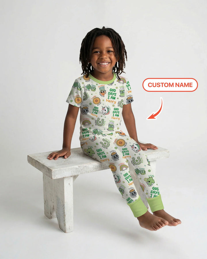 Personalized God Says I Am St. Patrick's Day Family Matching Bamboo Two Piece Short Sleeve Pajama Set