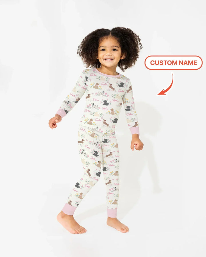 Custom Name Flower Dogs Bamboo Two Piece Long Sleeve Pajama Set