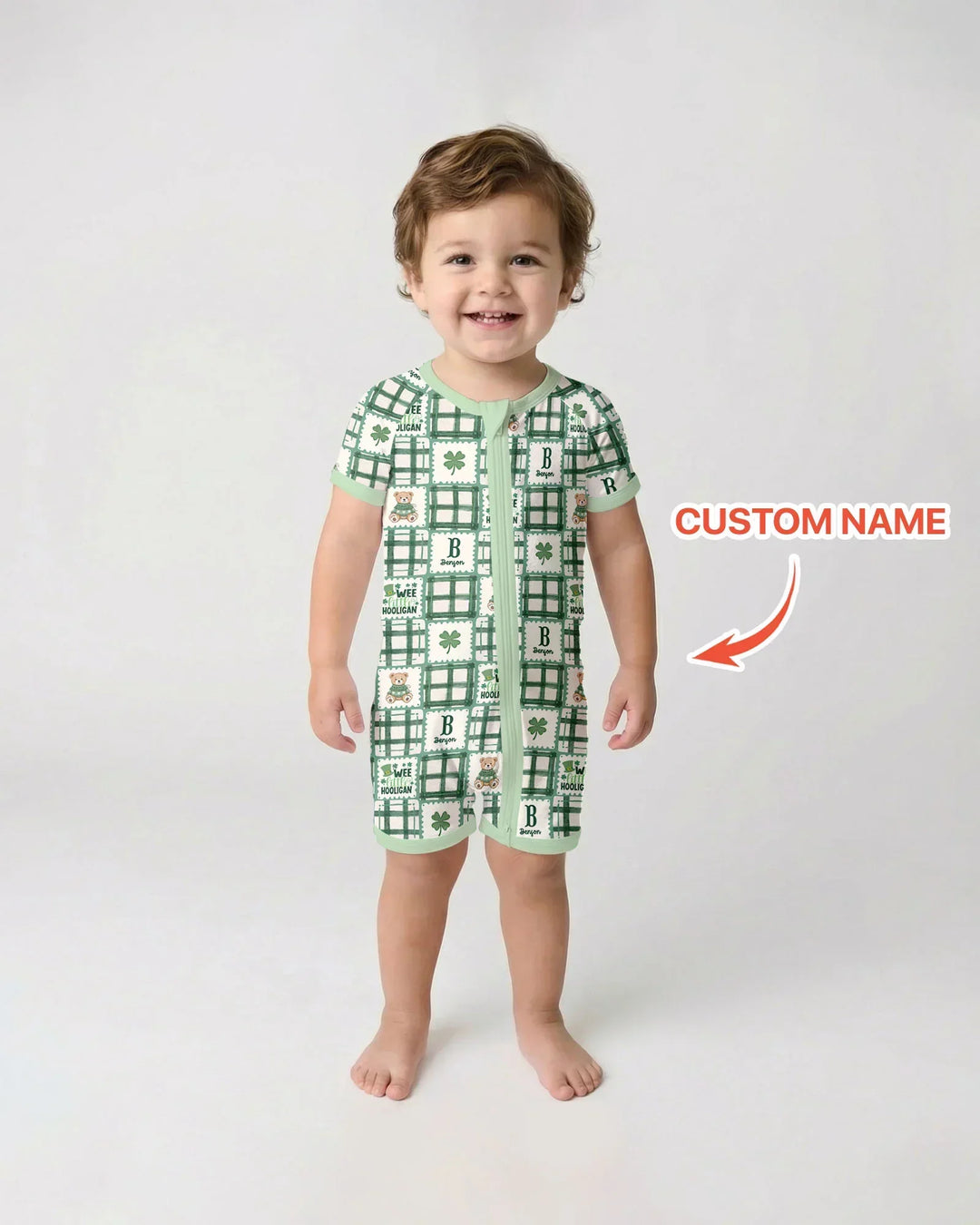 Custom Name Teddy Bear Gingham St. Patrick's Day Bamboo Shorty Zippy