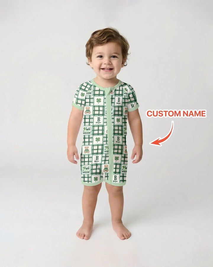 Custom Name Teddy Bear Gingham St. Patrick's Day Bamboo Shorty Zippy