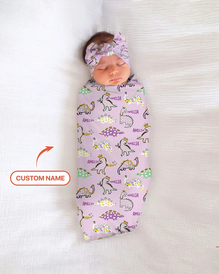 Custom Name Mardi Gras Saurus Bamboo Swaddle Blanket