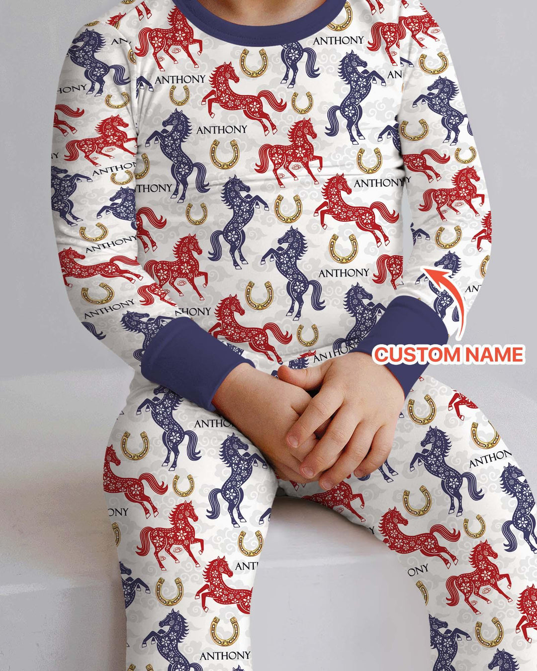 Custom Name Chinoiserie Horses Bamboo Two Piece Long Sleeve Pajama Set