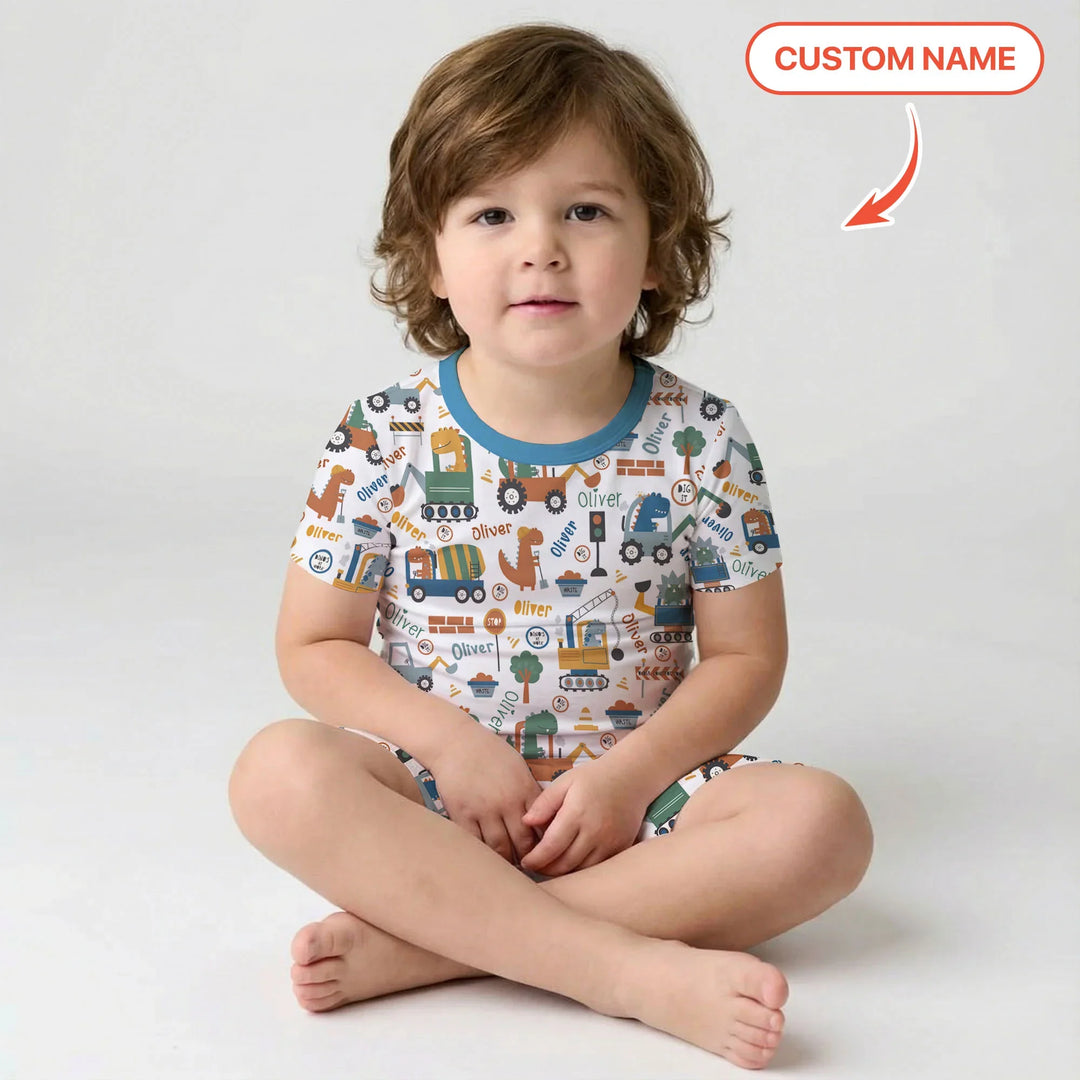 Custom Name Dino Diggers Bamboo Two Piece Short Sleeve Shorts Pajama Set