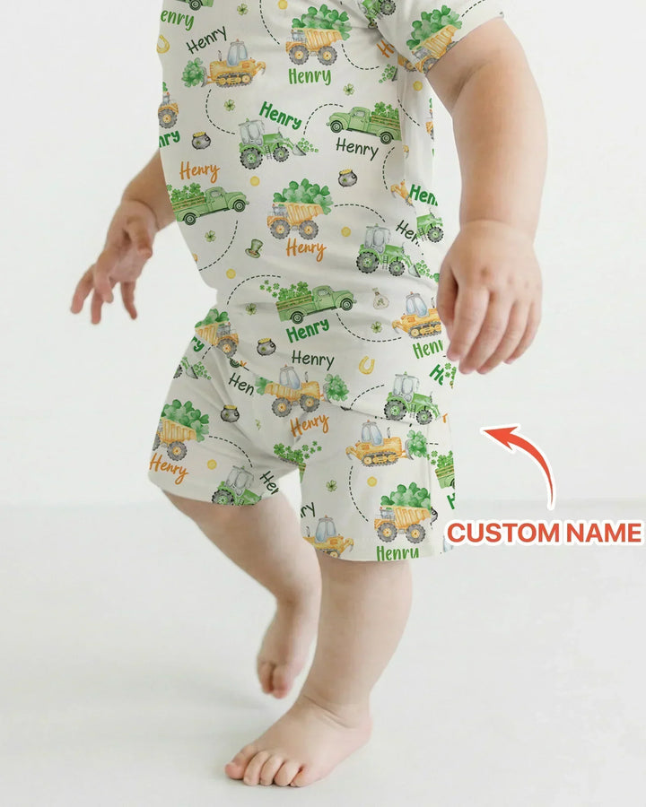 Construction St. Patrick's Day Custom Name Bamboo Two Piece Short Sleeve Shorts Pajama Set