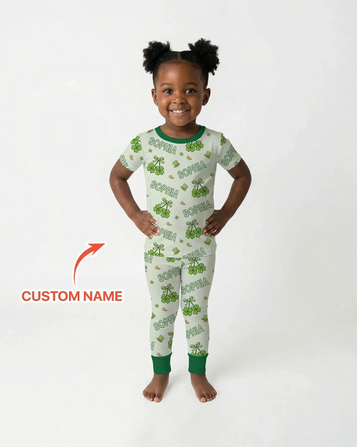 Custom Name Lucky Little Shamrock Bamboo Two Piece Short Sleeve Pajama Set